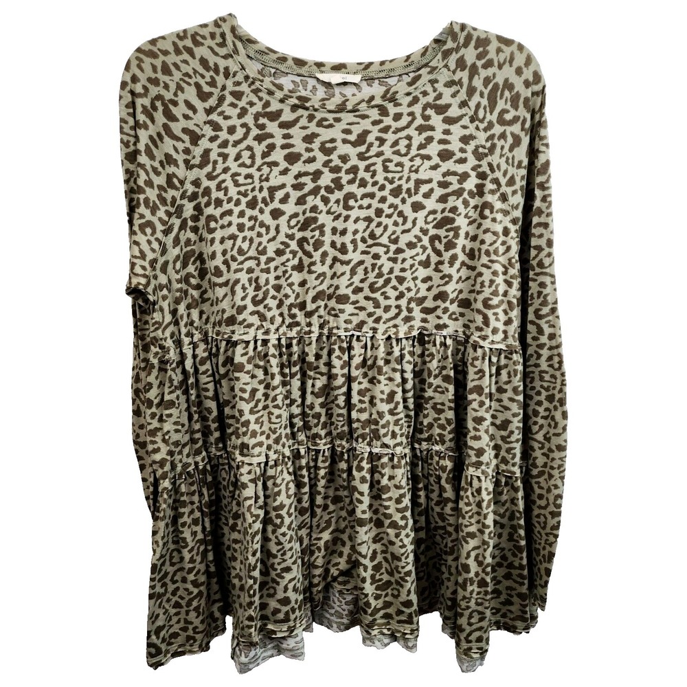 Easel Womens BOHO Babydoll Tunic Top Small Brown Animal Print Oversized Tiered